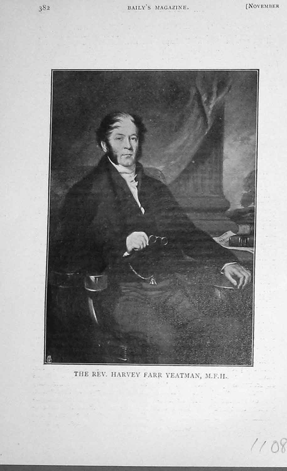 Original Old Antique Print 1904 Portrait Rev. Harvey Farr Yeatman M.F.H 20th