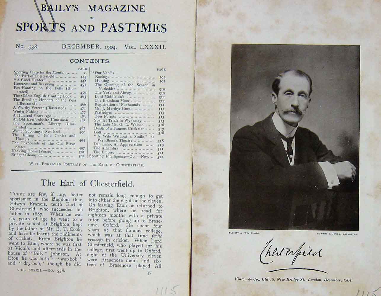 Old Antique Print Ref.746 1904 Portrait Earl Chesterfield Edwyn Francis