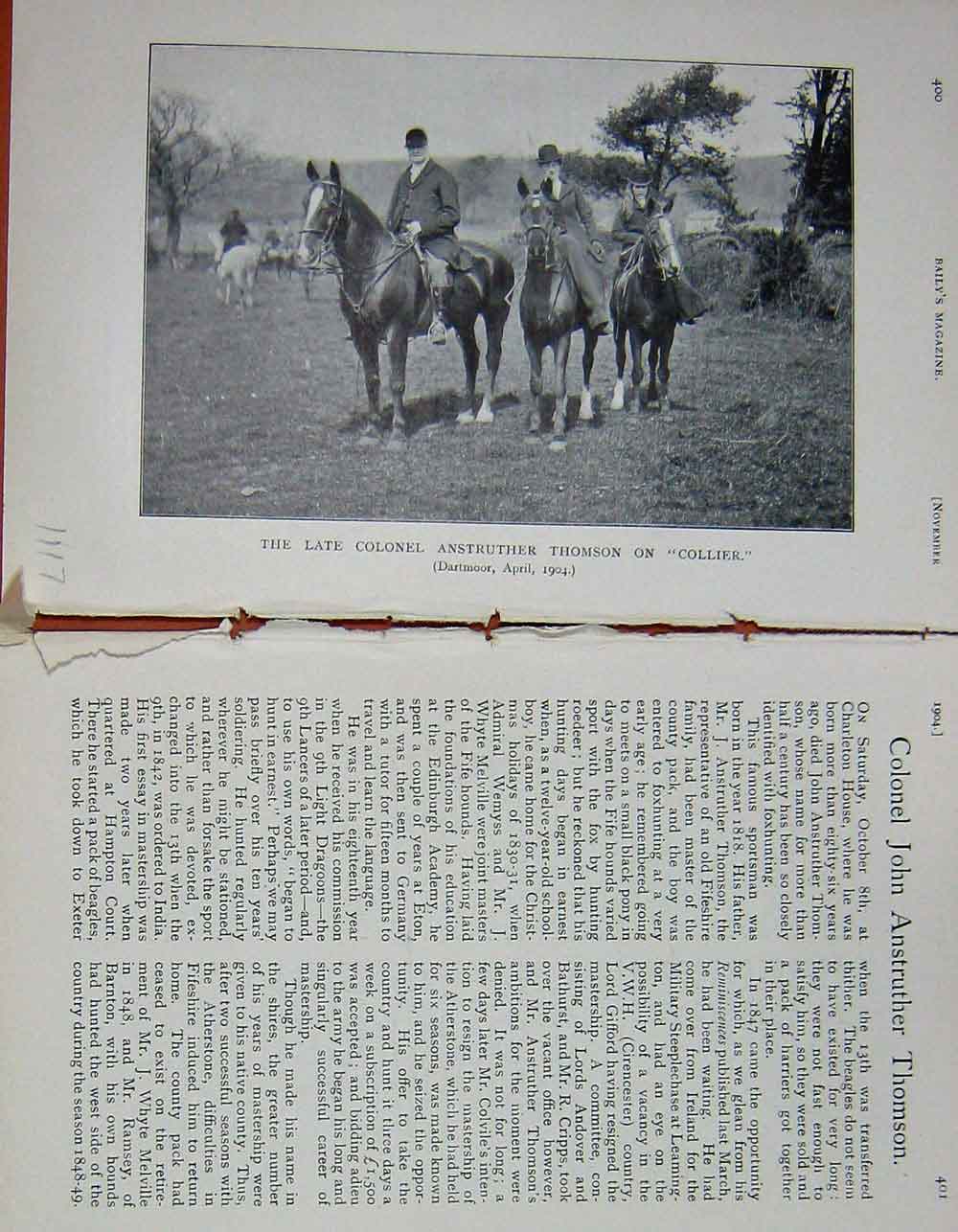 Old Antique Print *3485 1904 Portrait Colonel Anstruther Thomson Horse