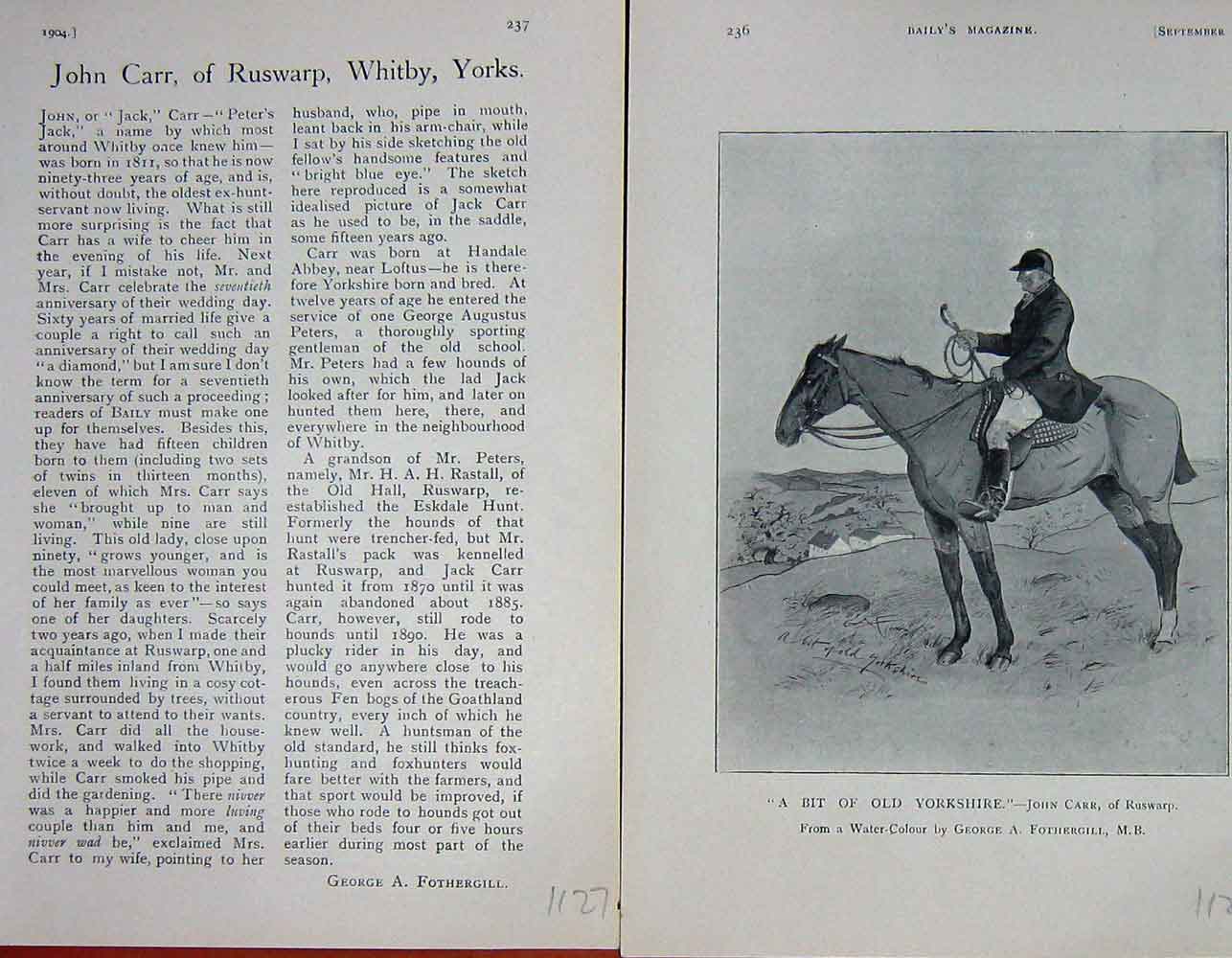 Old Antique Print 1904 John Carr Ruswarp Whitby Man Horse Hunting Sport 20th