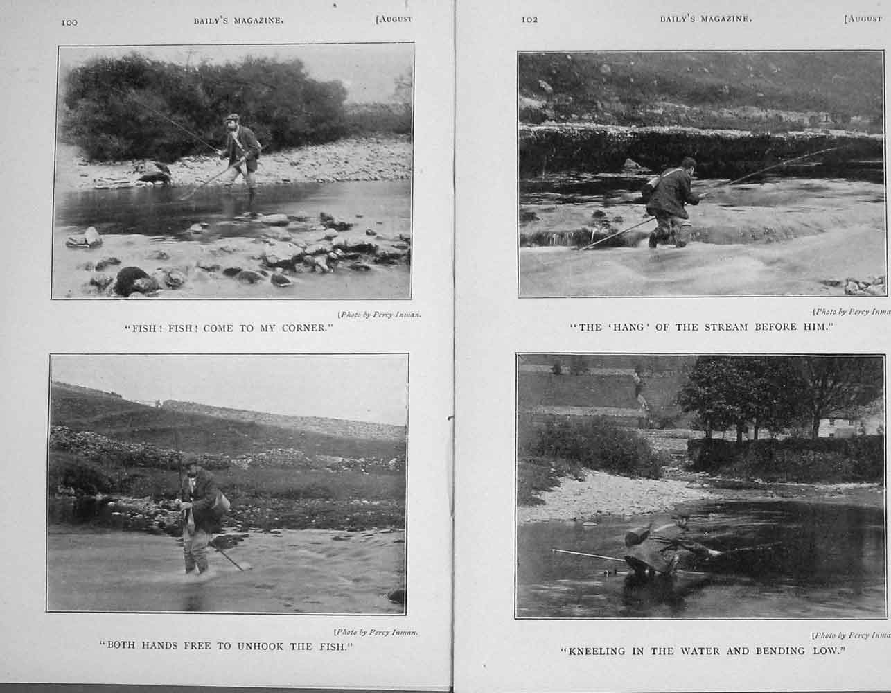 Original Old Antique Print 1904 Photograph Trout Fishing River Sport Baily'S