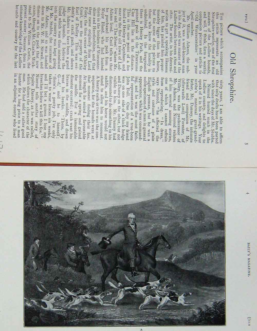 Original Old Antique Print 1904 Mr William Adams Master Ludlow Hounds Hunting