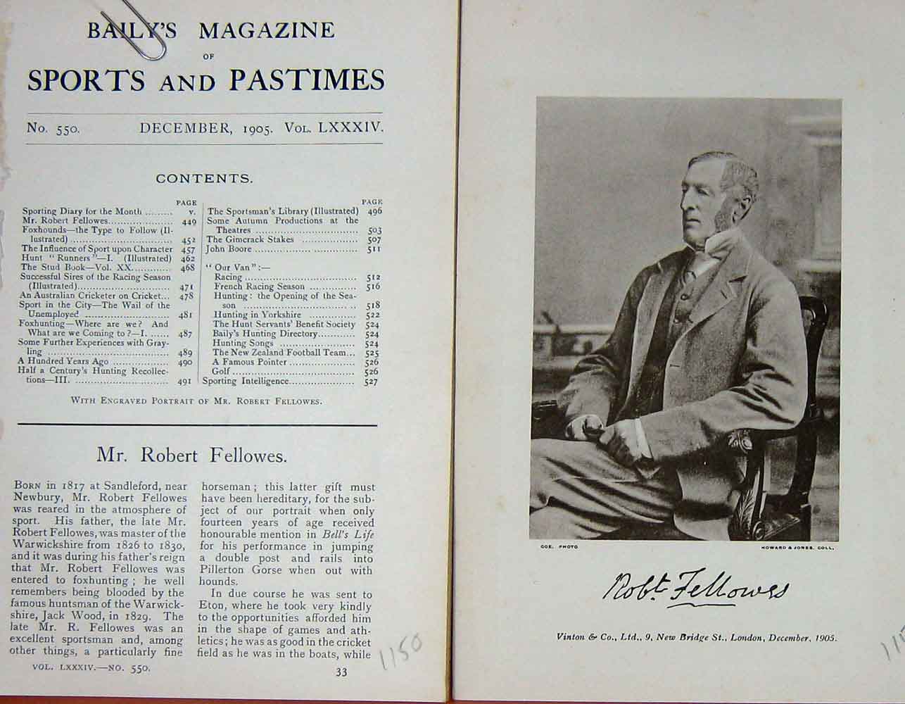 Original Old Antique Print 1905 Portrait Mr Robert Fellowes Huntsman 20th