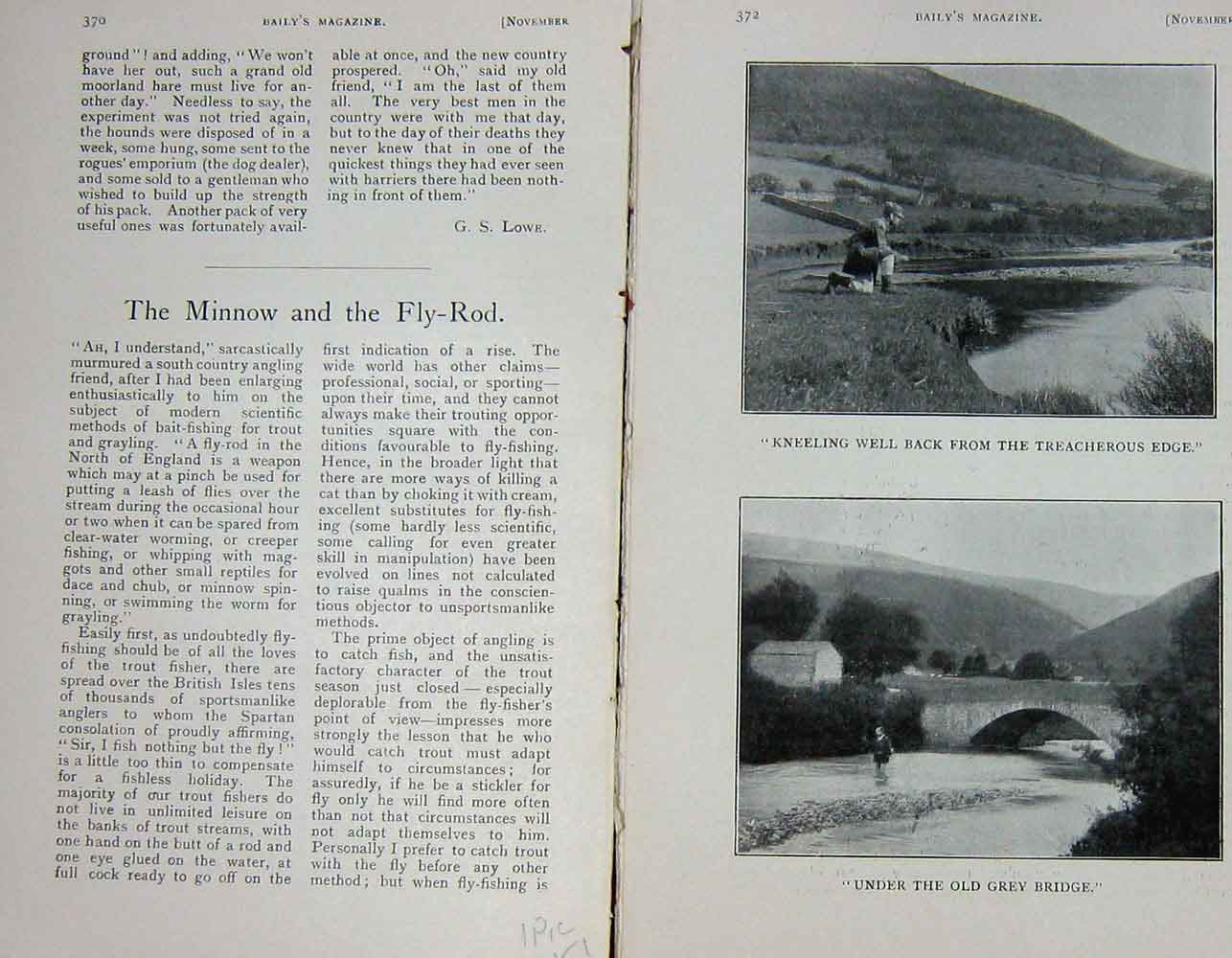 Old Antique Print 1905 Photograph Fly Fishing Bridge Sport Country River 20th