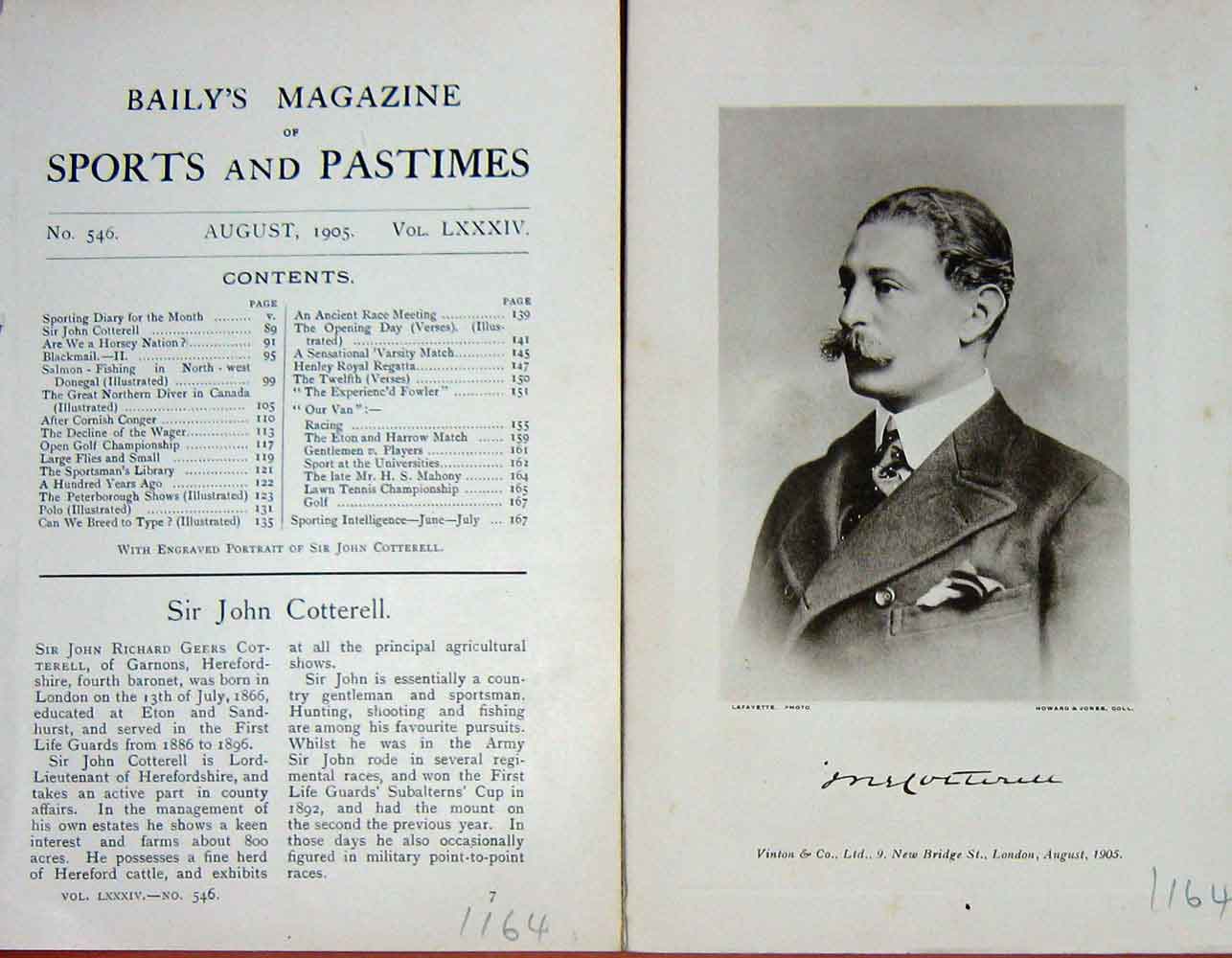 Original Old Antique Print 1905 Portrait Sir John Richard Geers Cotterell 20th