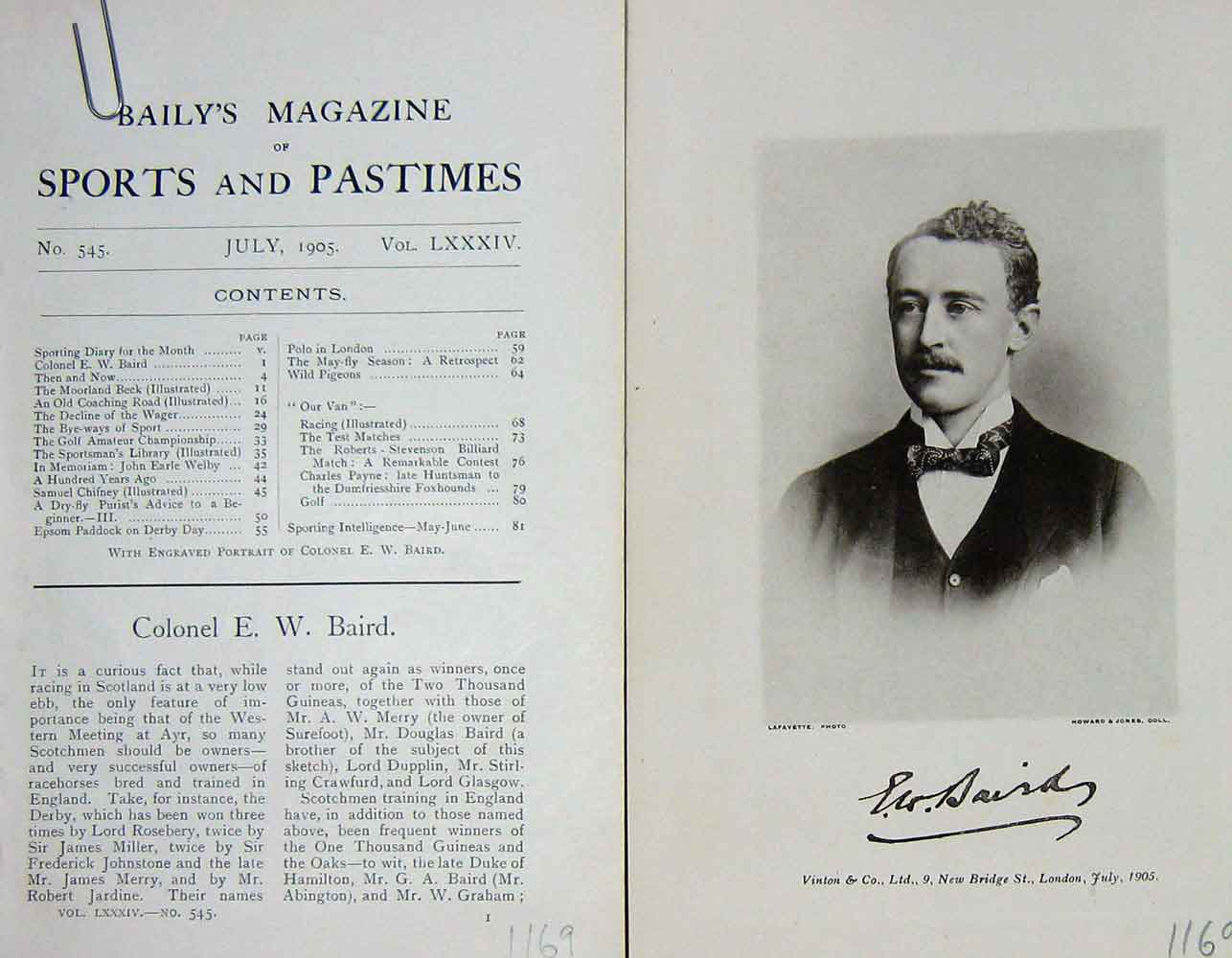 Original Old Antique Print 1905 Portrait Colonel E.W. Baird Sportsman 20th