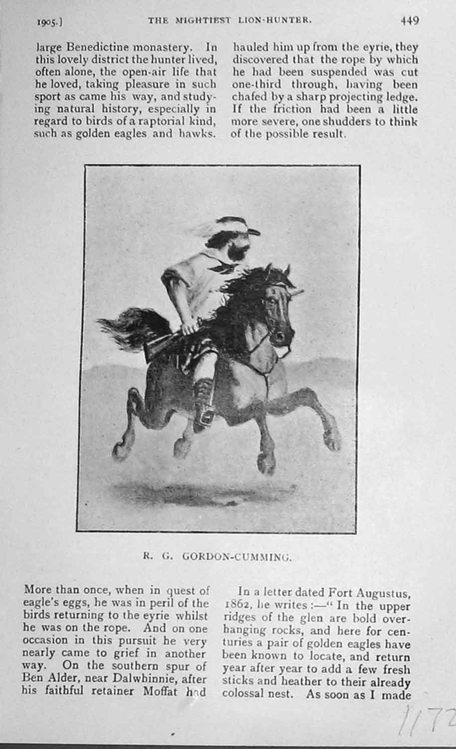 Original Old Antique Print 1905 Portrait R.G Gordon-Cumming Man Horse 20th