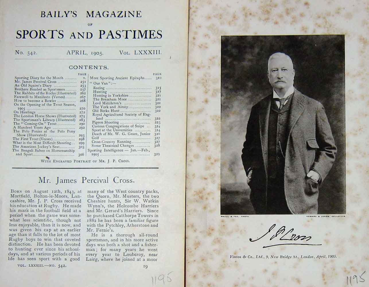 Original Old Antique Print 1905 Portrait Mr James Percival Cross Sportsman