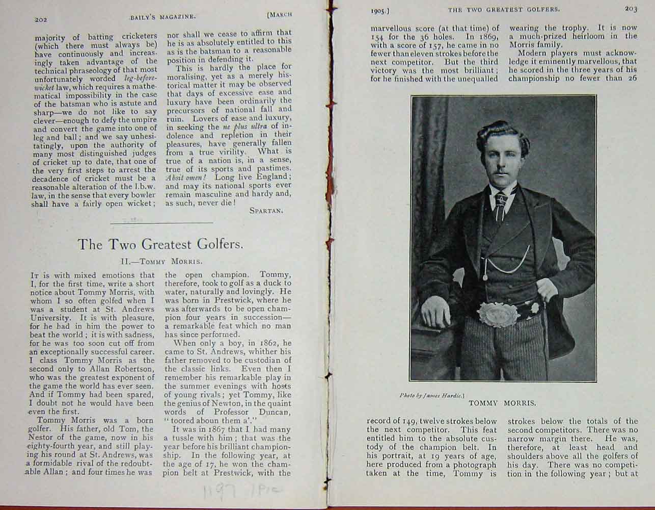 Original Old Antique Print 1905 Portrait Tommy Morris Golfer Sportsman 20th
