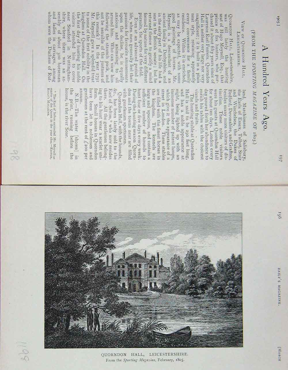 Original Old Antique Print 1905 Quorndon Hall Leicestershire Sport Baily'S