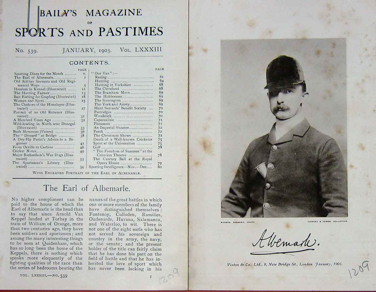 Original Old Antique Print 1905 Portrait Earl Albemarle Sportsman Sport 20th