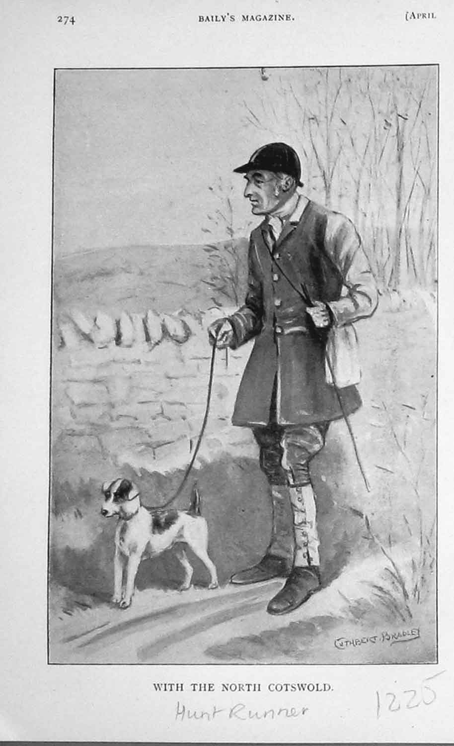 Original Old Antique Print 1906 Portrait Huntsman North CotswHounds 20th