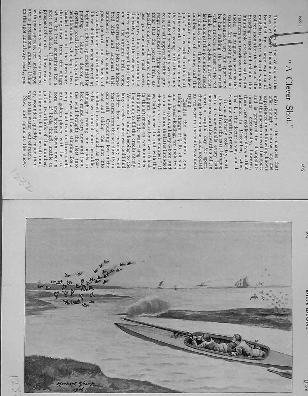 Original Old Antique Print 1906 Hunting Birds Punt Gunning Sport 20th Century