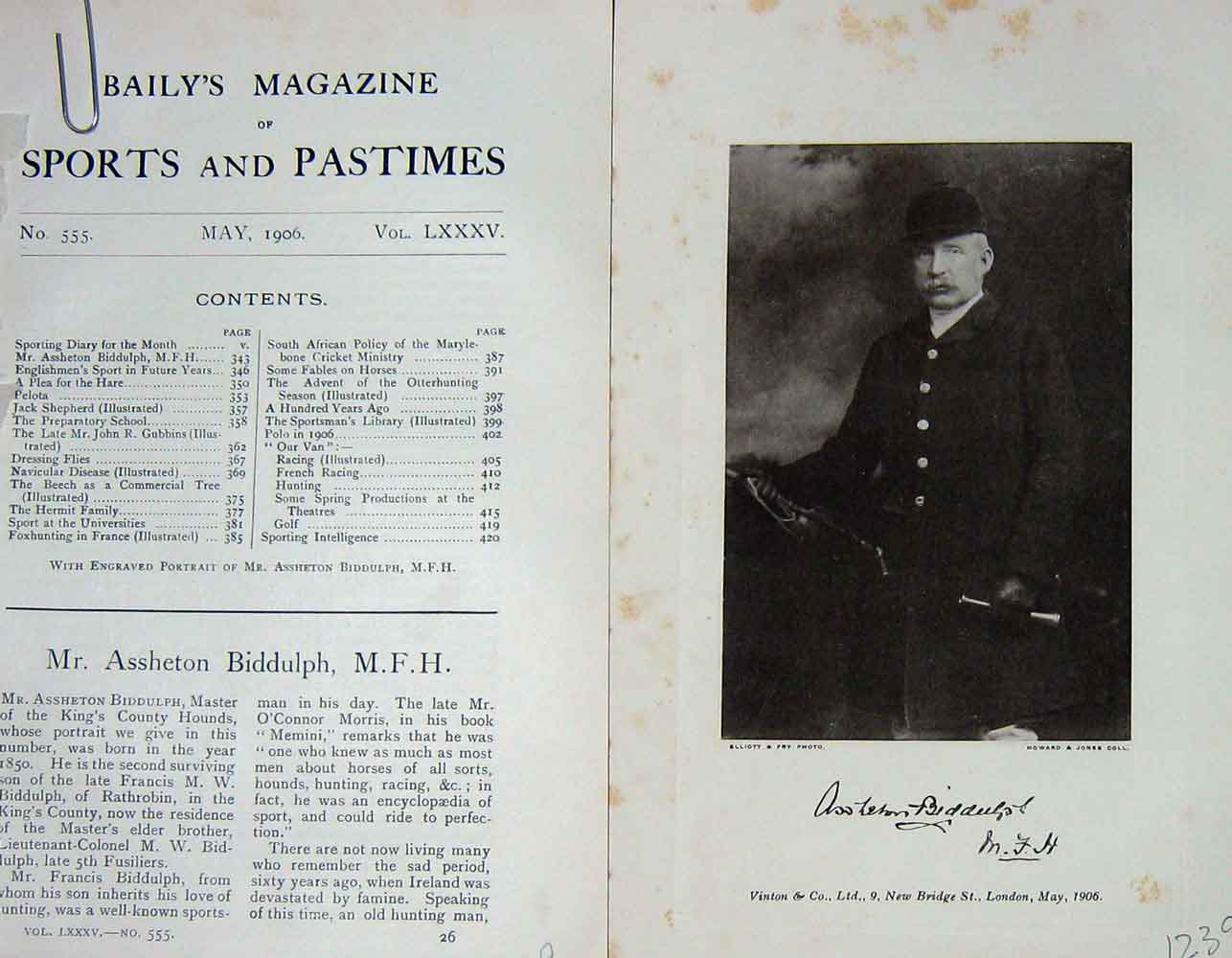 Original Old Antique Print 1906 Portrait Mr Assheton Biddulph M.F.H Sport 20th