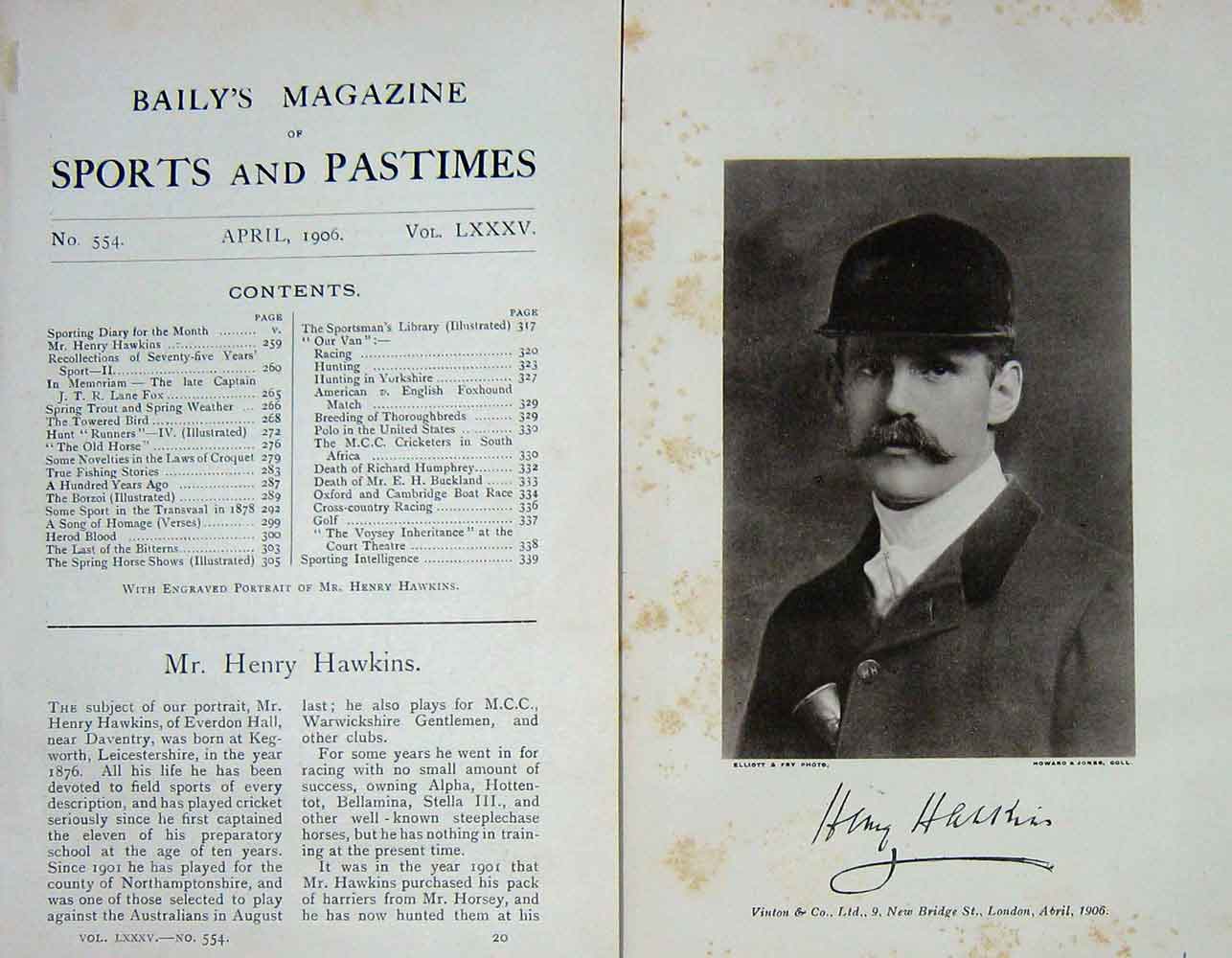 Original Old Antique Print 1906 Portrait Mr Henry Hawkins Everdon Hall 20th