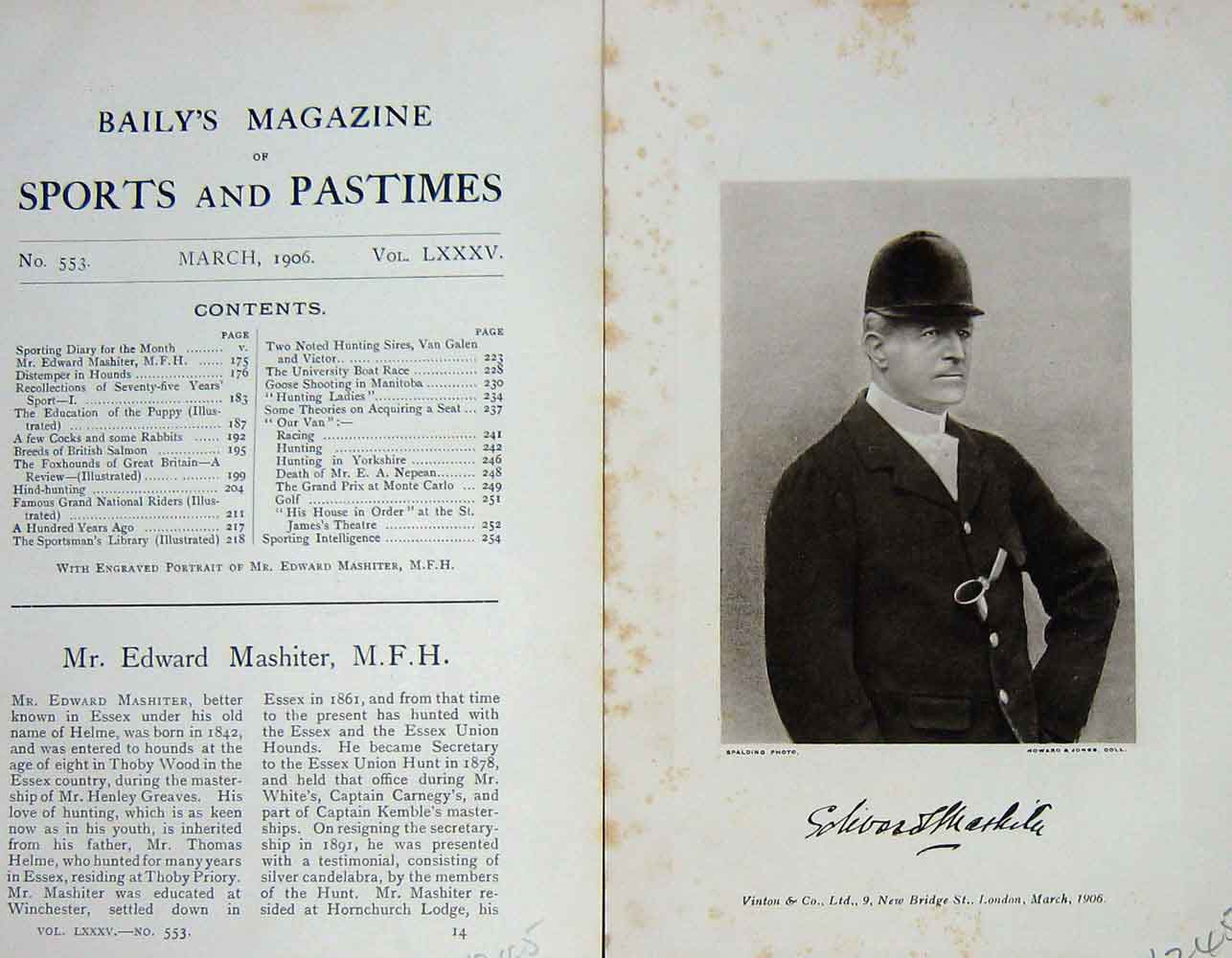 Original Old Antique Print 1906 Portrait Mr Edward Mashiter M.F.H Hunting 20th
