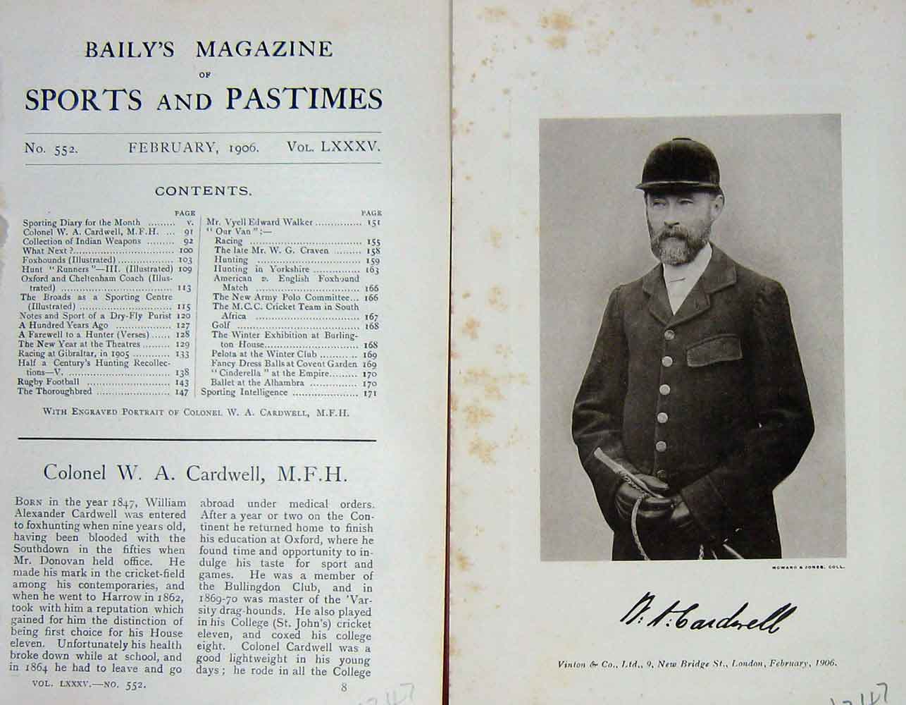 Original Old Antique Print 1906 Portrait Colonel William Cardwell Sport 20th