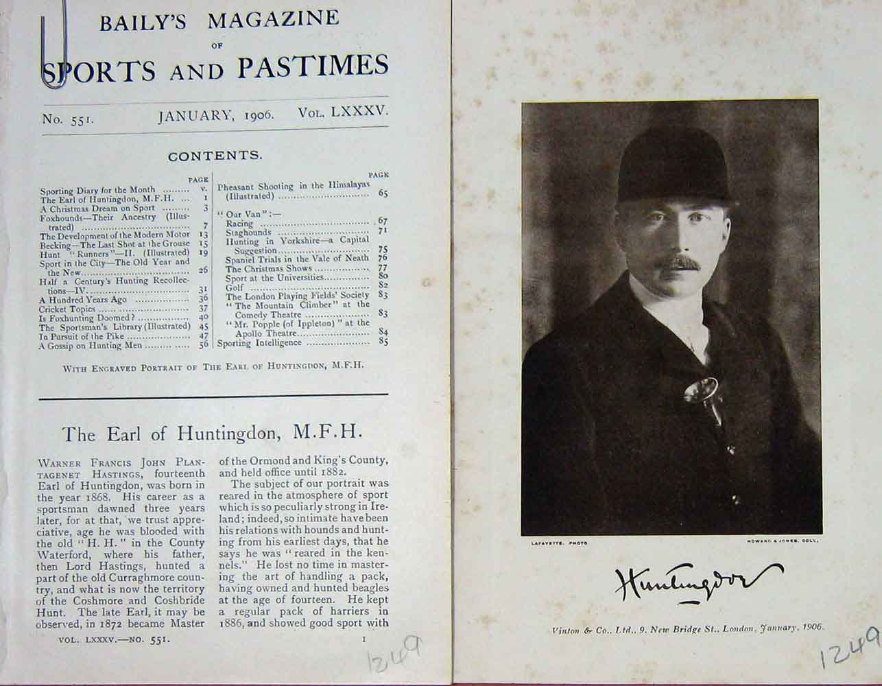 Original Old Antique Print 1906 Portrait Earl Huntingdon Warner Hastings 20th