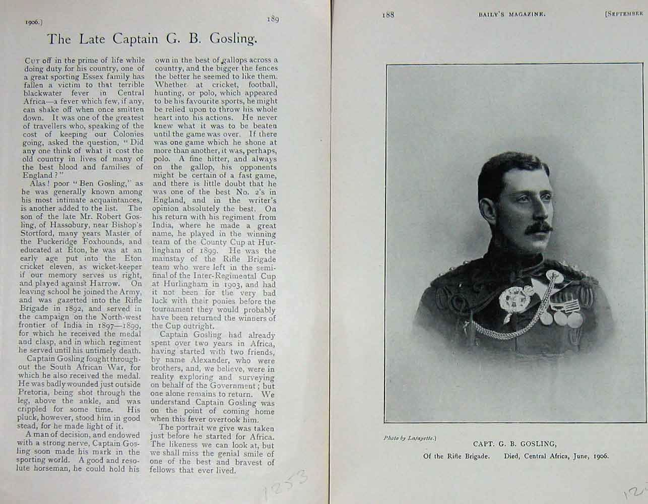 Original Old Antique Print 1906 Portrait Captain Gosling Rifle Brigade 20th