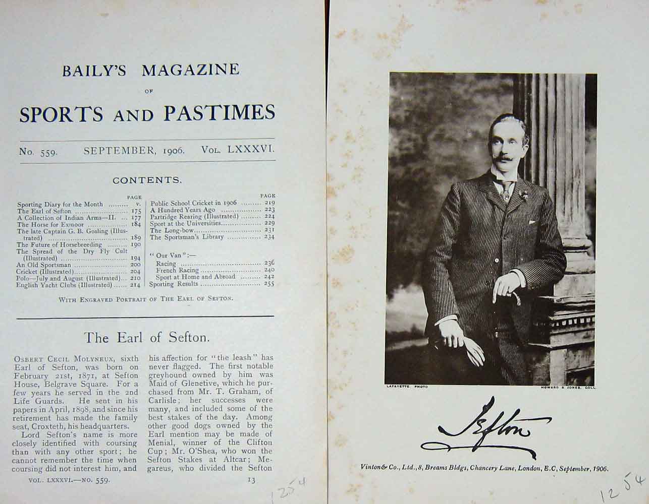 Original Old Antique Print 1906 Portrait Earl Sefton Osbert Cecil Molyneux