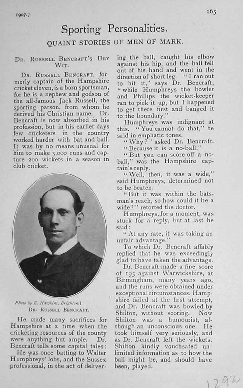 Original Old Antique Print 1907 Portrait Dr Russell Bancraft Cricket Sport