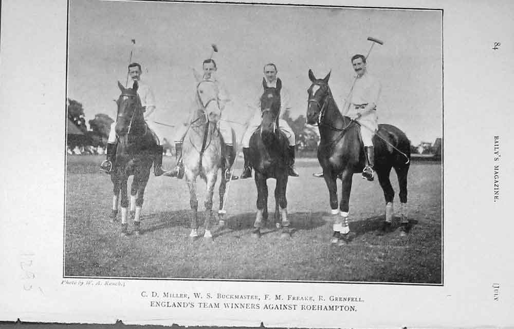 Old Antique Print 1907 England Polo Team Horses Sport Miller Buckmaster 20th