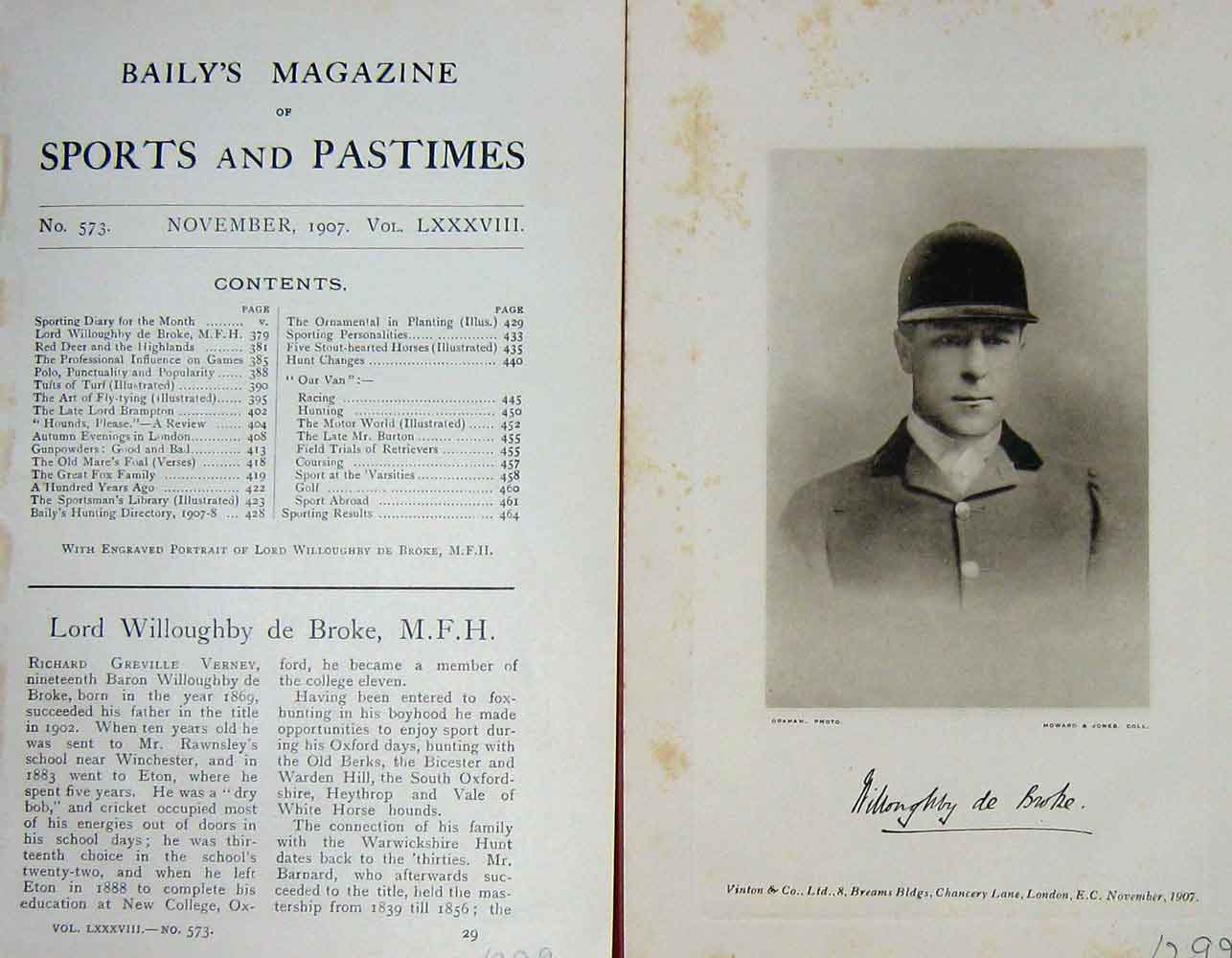 Original Old Antique Print 1907 Portrait Lord Willoughby De Broke Verney 20th