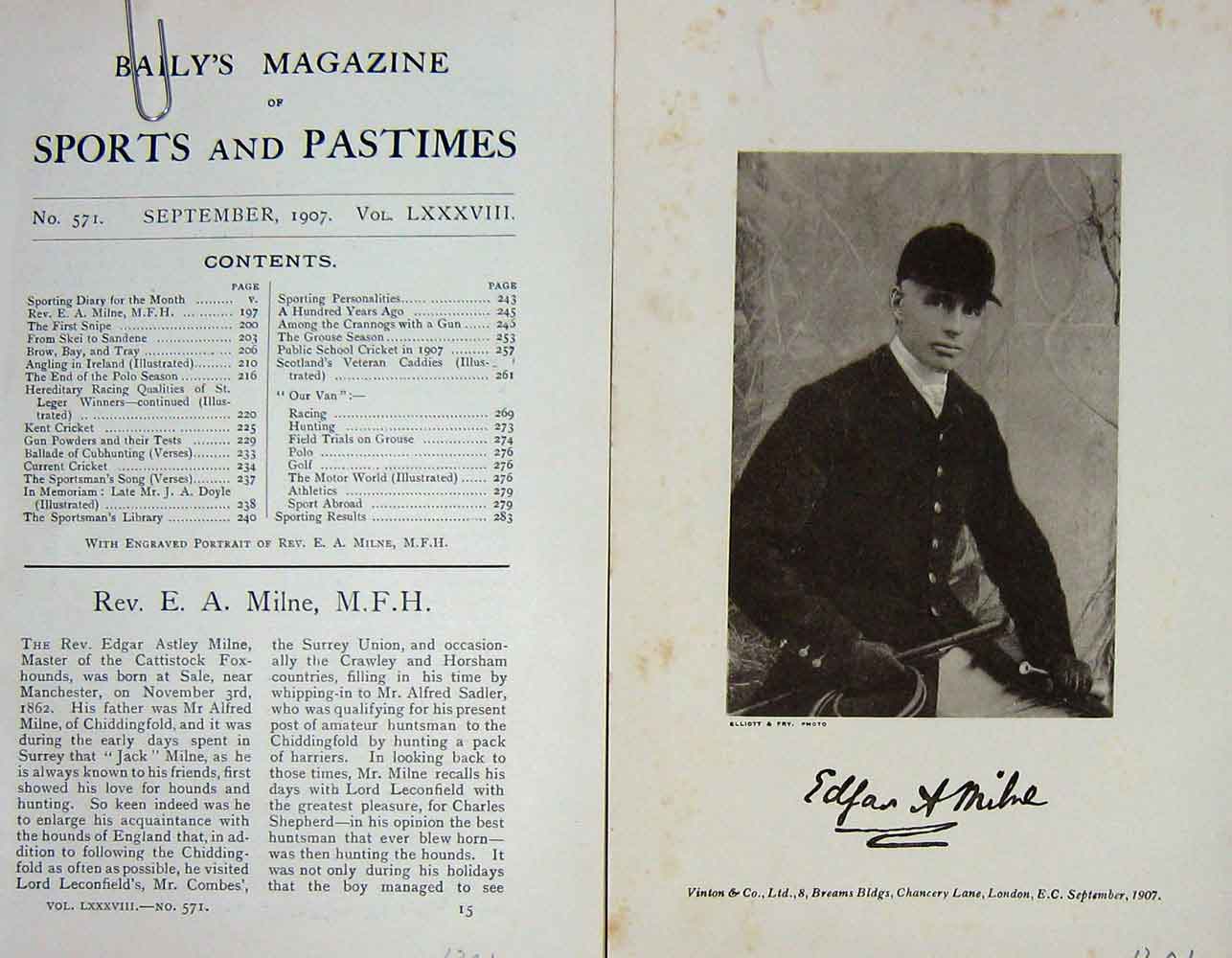 Original Old Antique Print 1907 Portrait Rev. Edgar Astley Milne Huntsman 20th