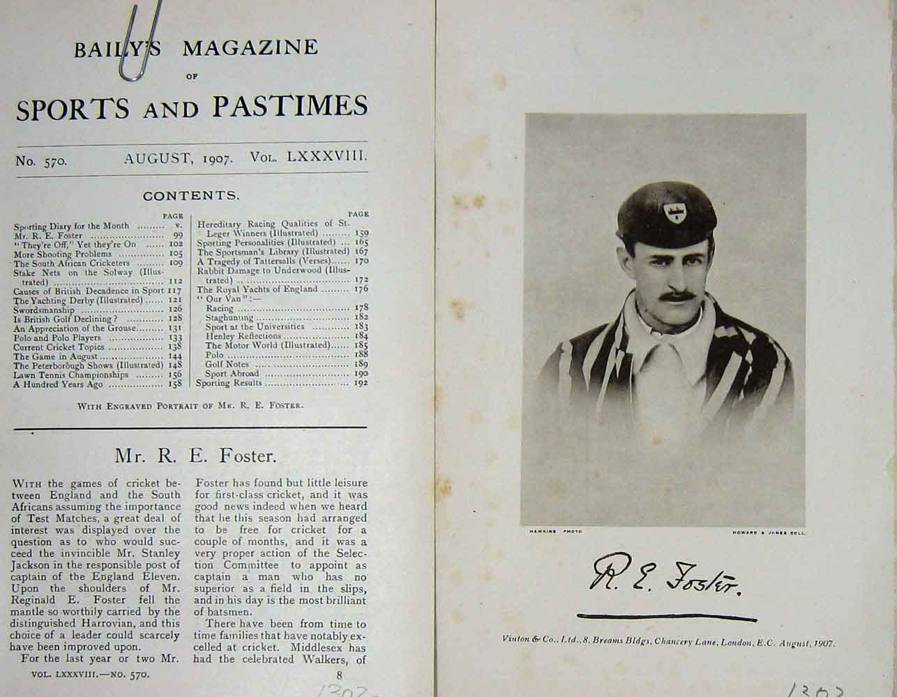 Original Old Antique Print 1907 Portrait Mr Reginald E. Foster Sportsman 20th