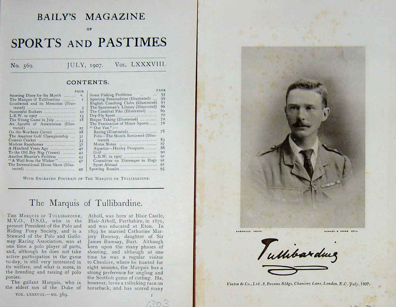 Original Old Antique Print 1907 Portrait Marquis Tullibardine Sportsman 20th