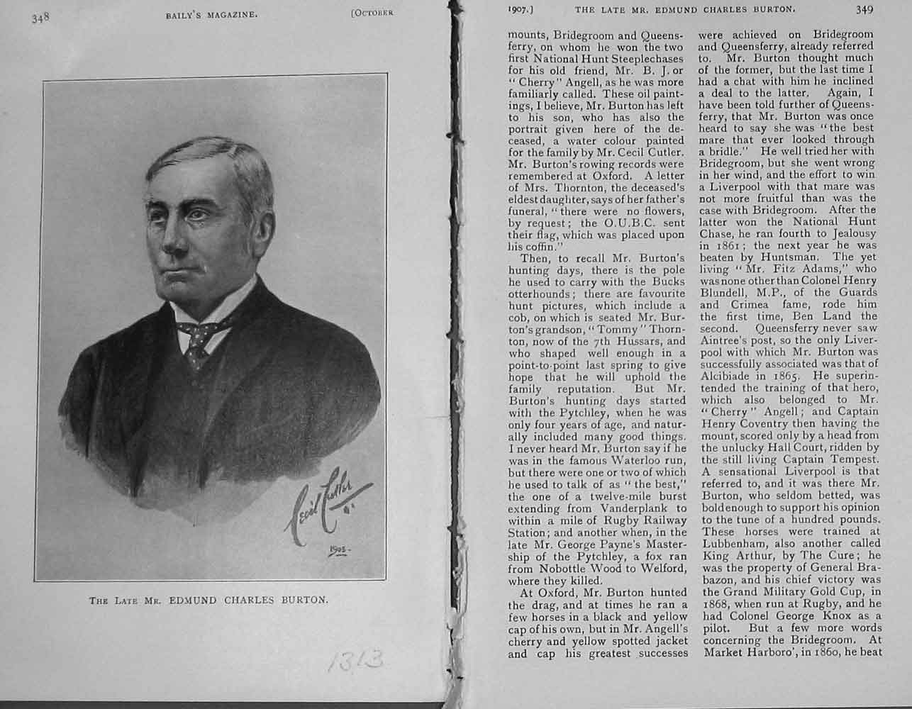 Original Old Antique Print 1907 Portrait Mr Edmund Charles Burton Hunting 20th