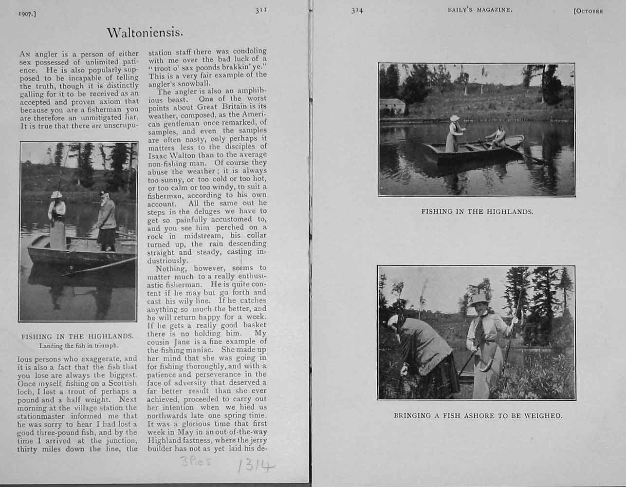 Old Antique Print 1907 Fishing Scotland River Itchen Angling Sport Boat 20th