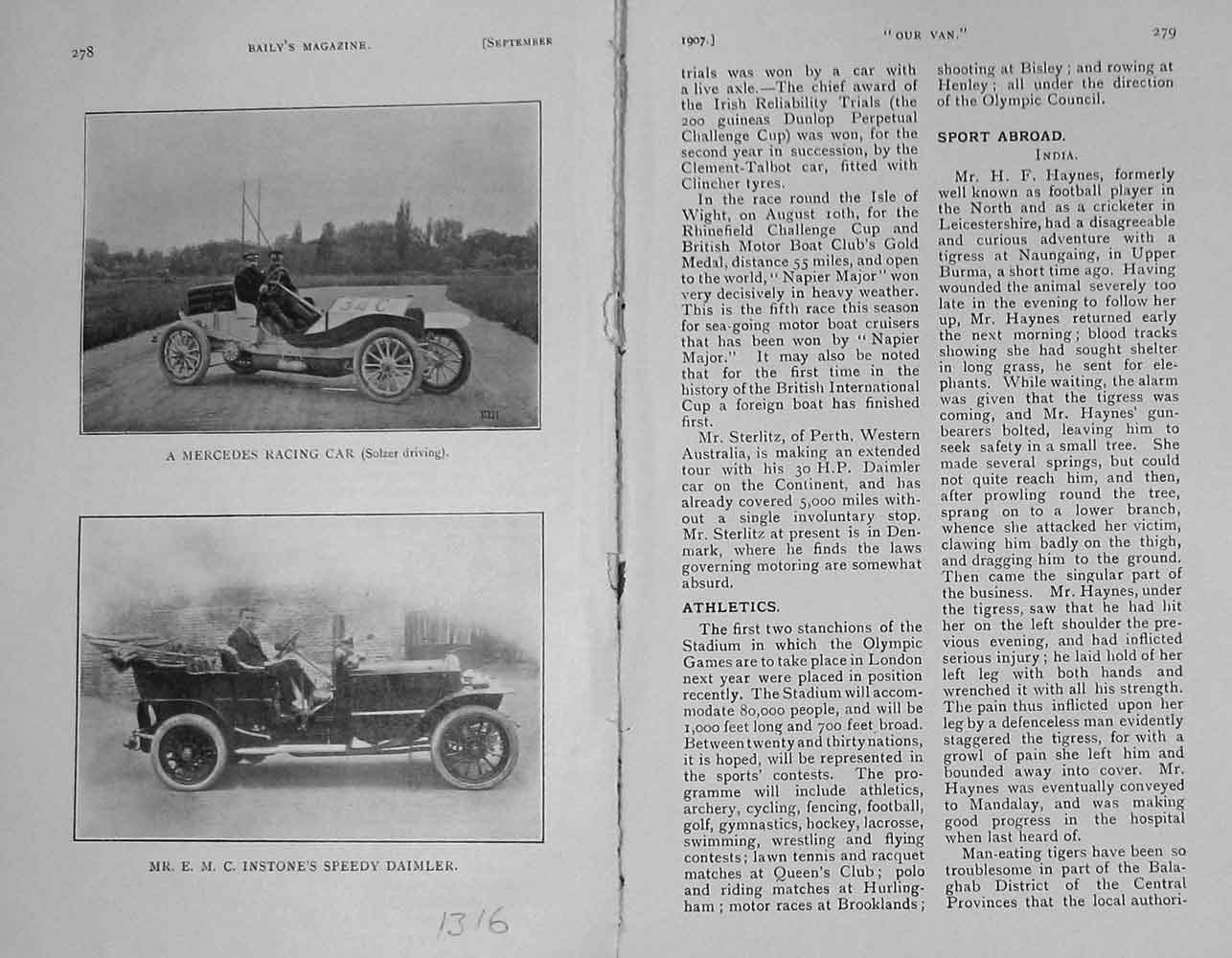 Original Old Antique Print 1907 Photograph Mercedes Daimler Motor Car 20th