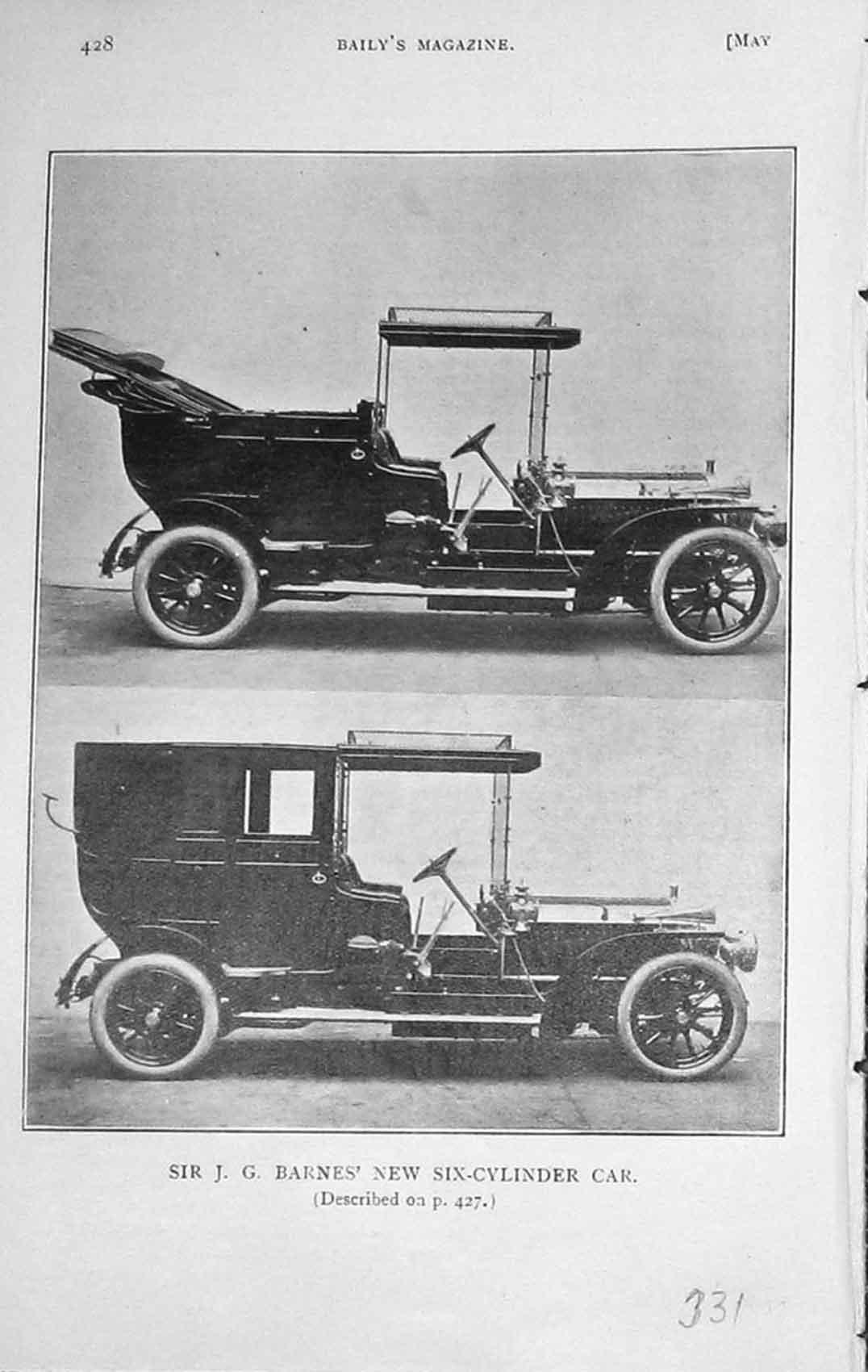 Original Old Antique Print 1907 Photograph Motor Car Six-Cylinder Barnes 20th