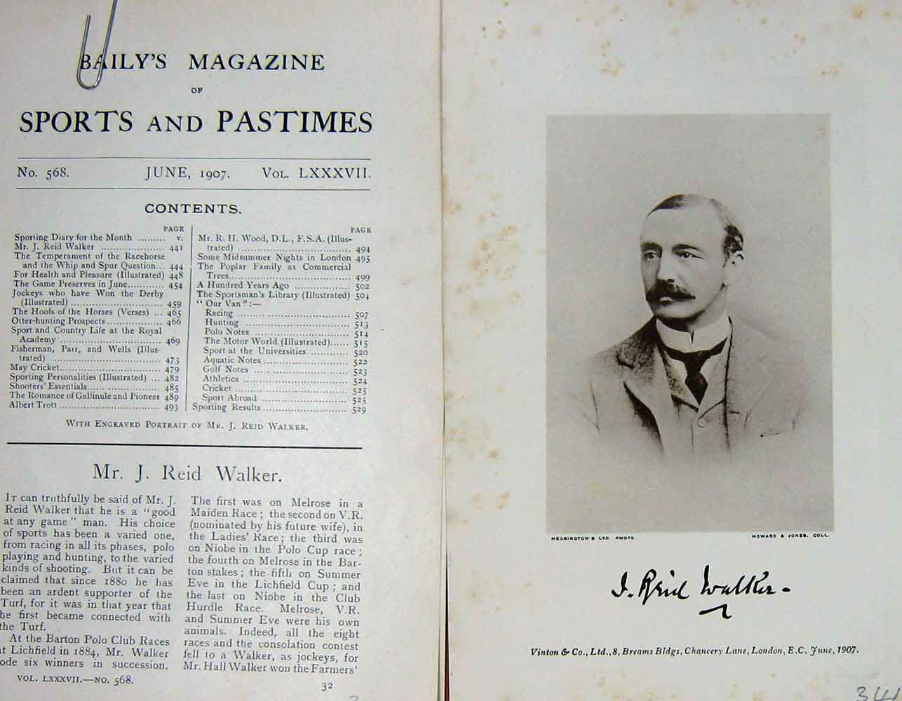 Original Old Antique Print 1907 Portrait Mr J. Reid Walker Sportsman Polo 20th