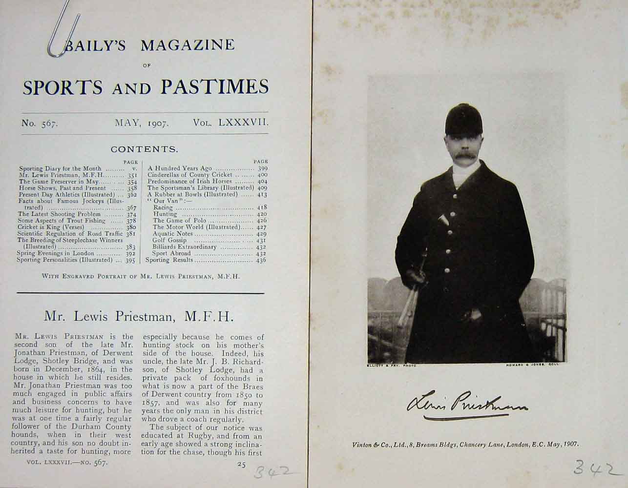 Original Old Antique Print 1907 Portrait Mr Lewis Priestman Huntsman 20th