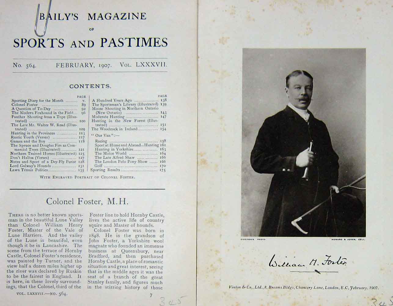 Original Old Antique Print 1907 Portrait Colonel William Henry Foster 20th