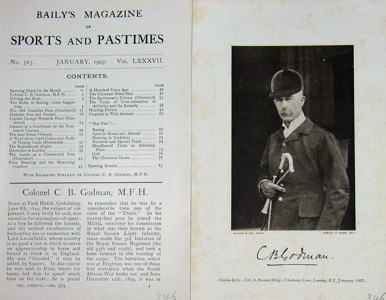 Original Old Antique Print 1907 Portrait Colonel C.B Godman Huntsman 20th