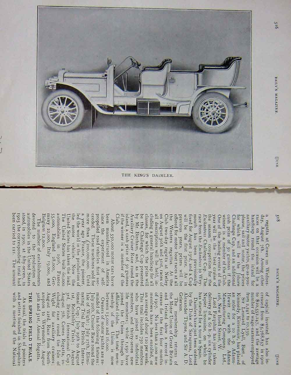 Original Old Antique Print 1907 King'S Daimler Motor Car Transport 20th