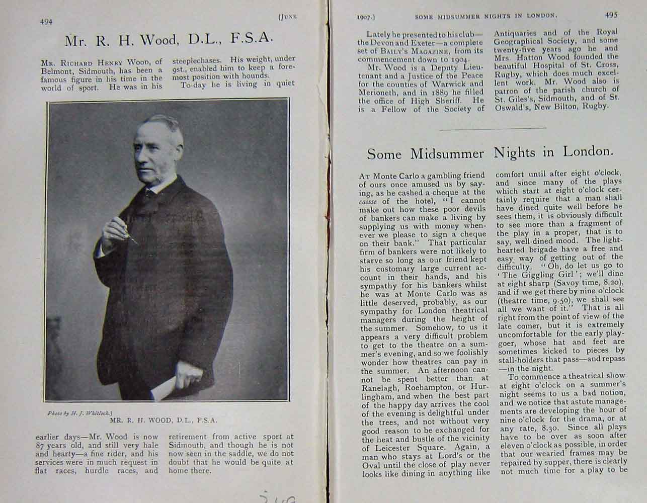 Original Old Antique Print 1907 Portrait Mr Richard Henry Wood D.L F.S.A 20th