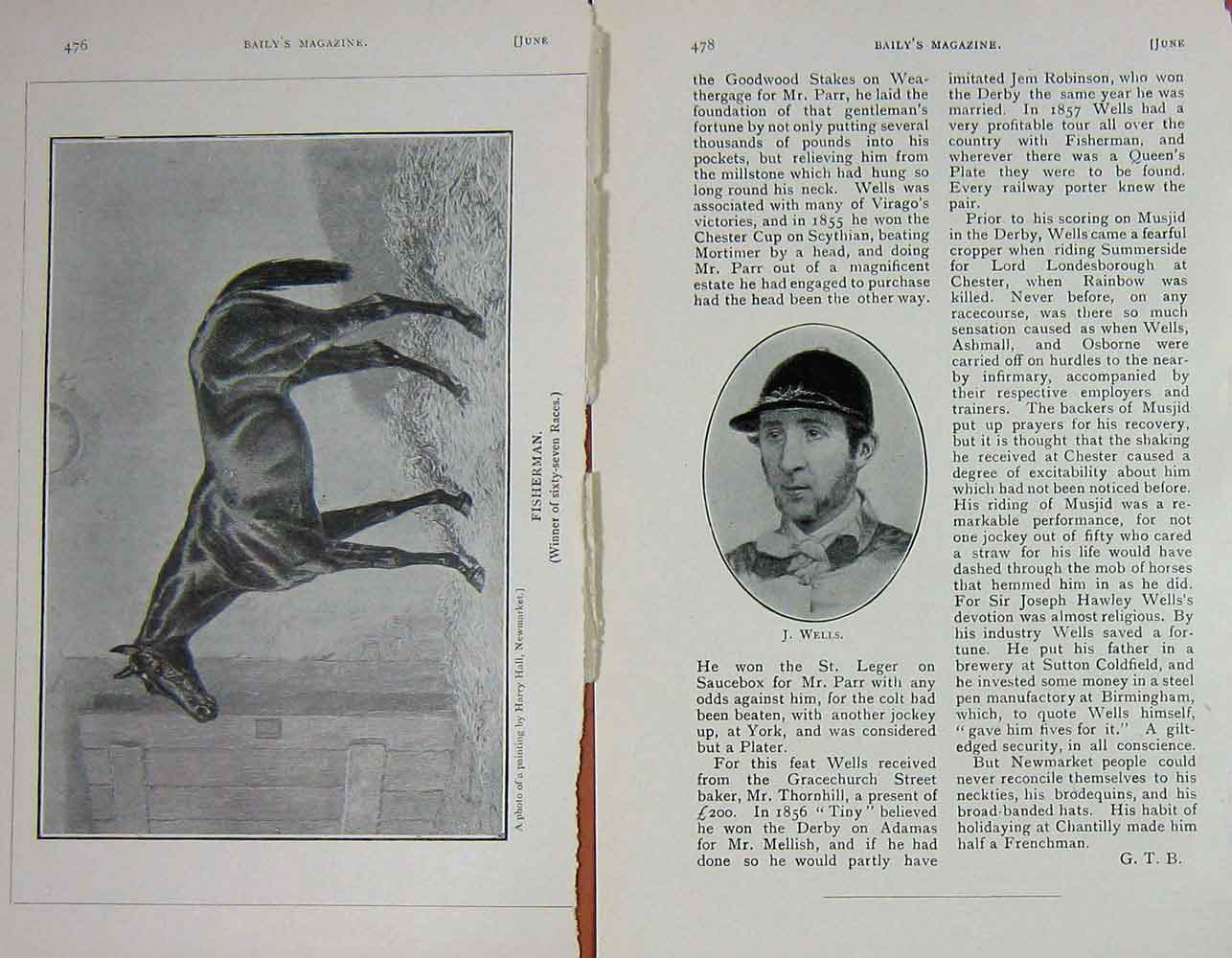 Original Old Antique Print 1907 Horse Racing Fisherman J. Wells Jockey Sport