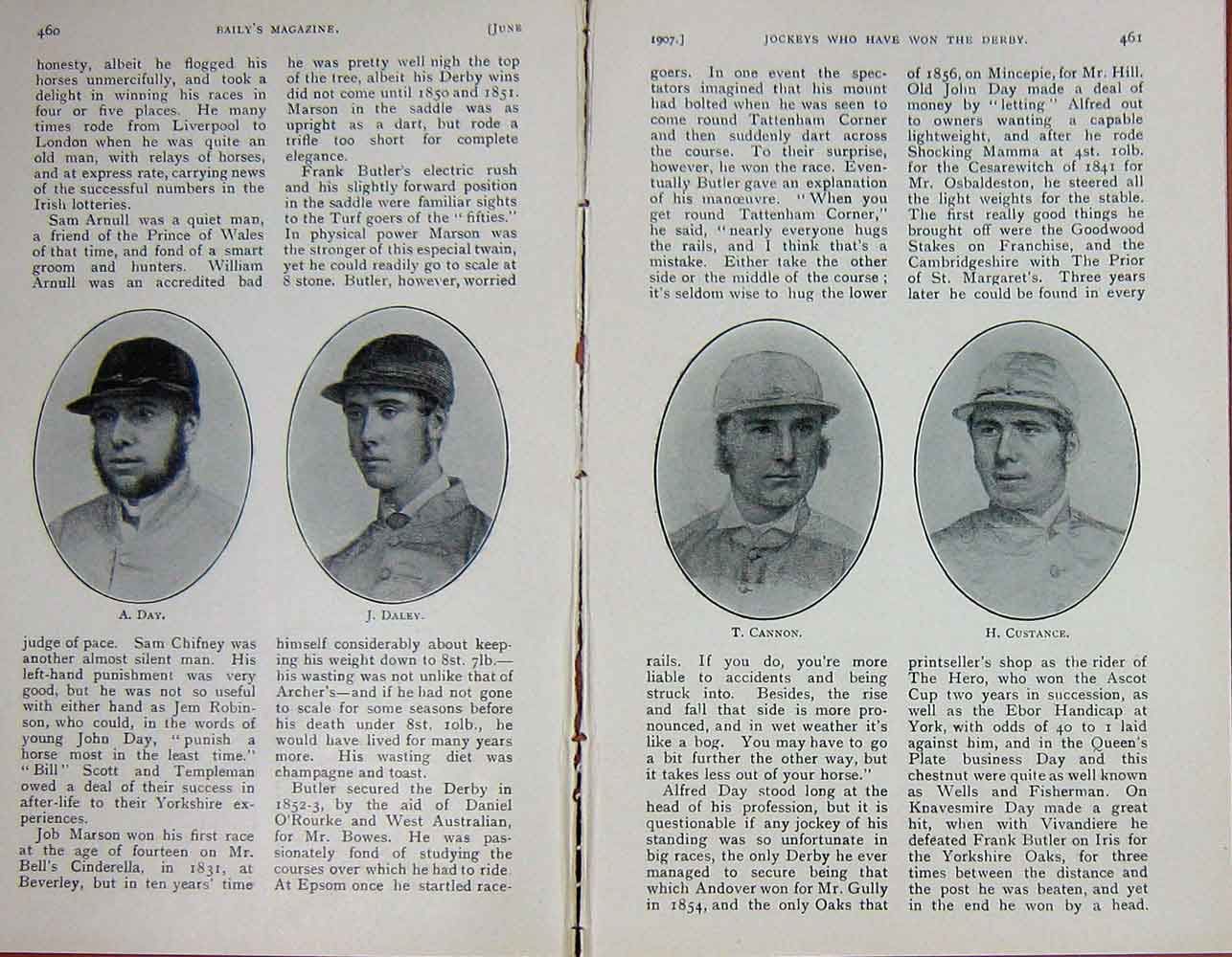 Original Old Antique Print 1907 Jockeys Custance Cannon Day Daley Wood Sport
