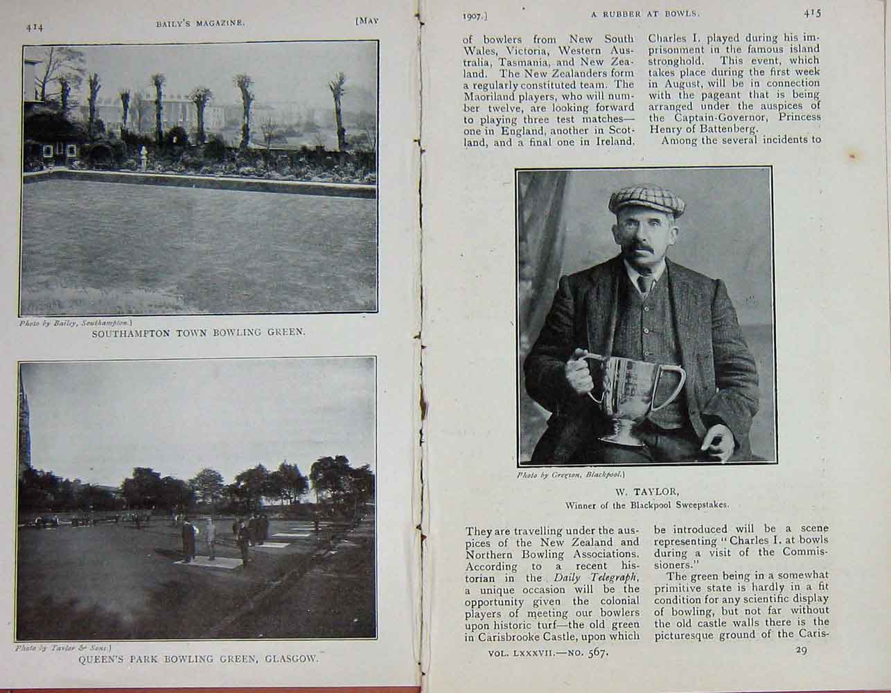 Original Old Antique Print 1907 Bowling Sport Taylor Southampton Queens Glasgow