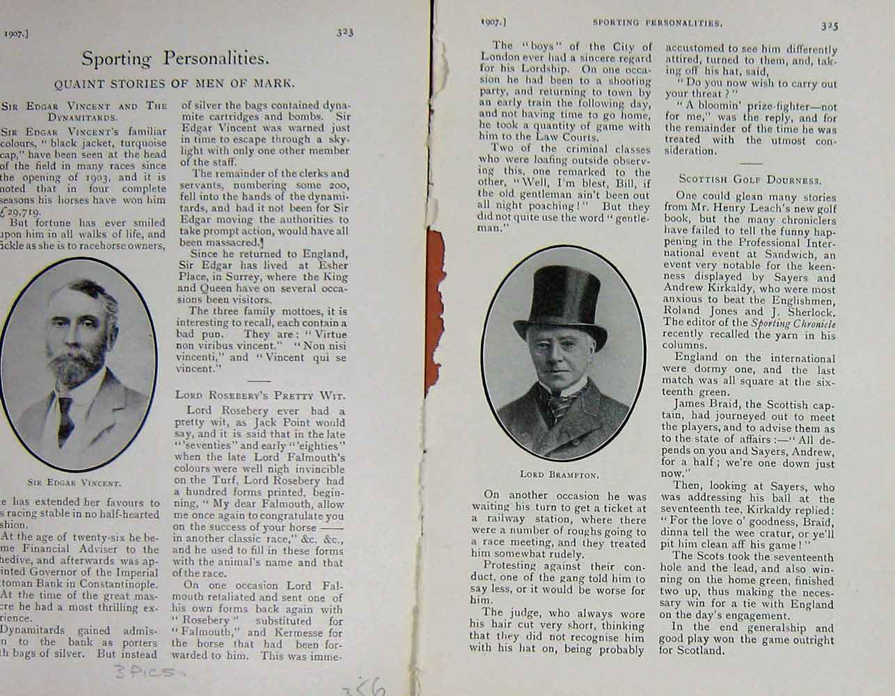 Old Antique Print 1907 Portrait Edgar Vincent Lord Brampton Griggs`Sport 20th