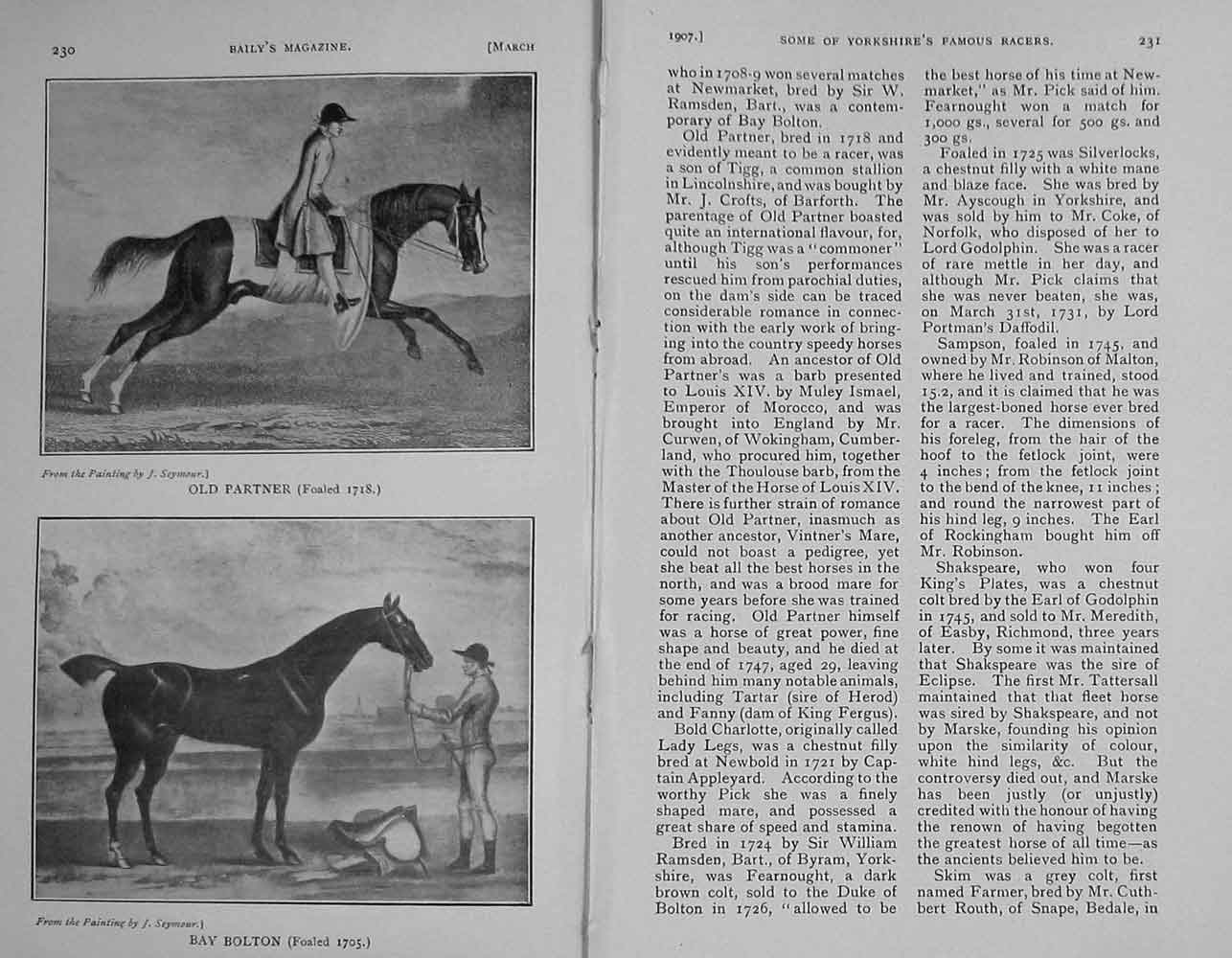 Original Old Antique Print 1907 Race Horses Partner Bay Bolton Sport Yorkshire