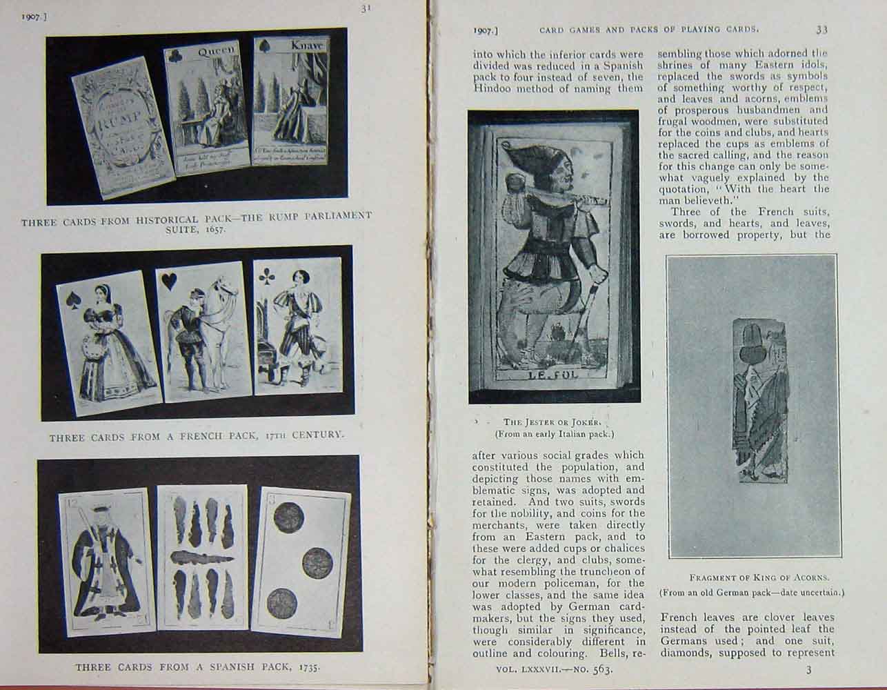 Old Antique Print 1907 Card Games Joker King Acorns French Spanish Deck 20th