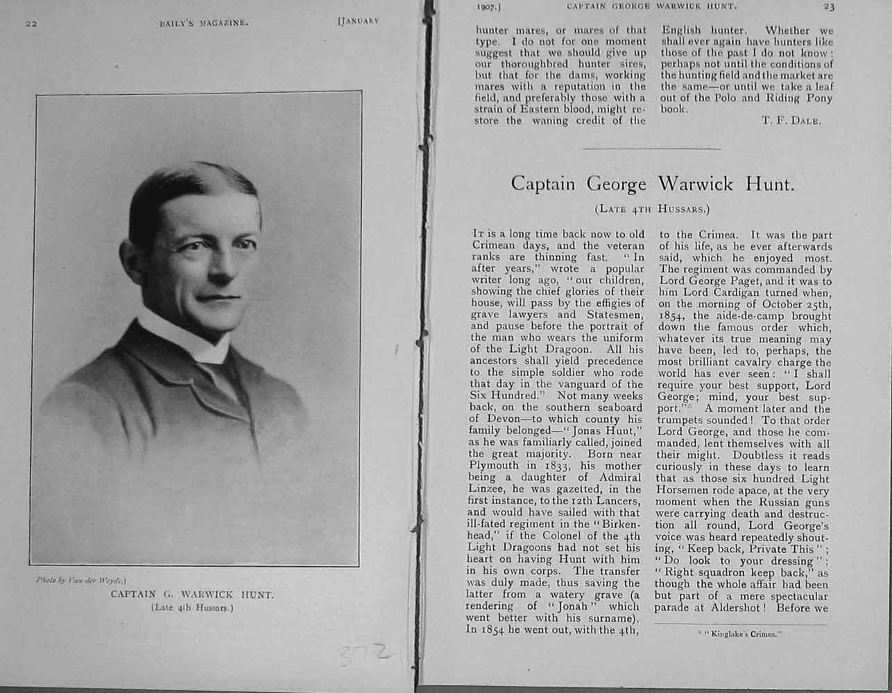 Original Old Antique Print 1907 Portrait Captain G. Warwick Hunt Sportsman 20th