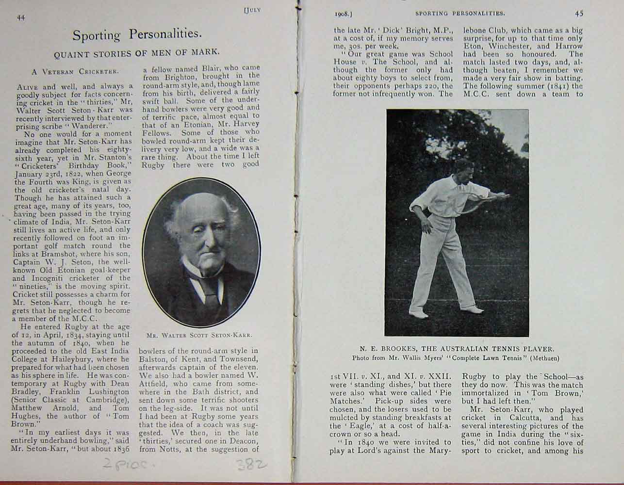 Original Old Antique Print 1908 Portrait Walter Seton-Karr Brookes Tennis 20th
