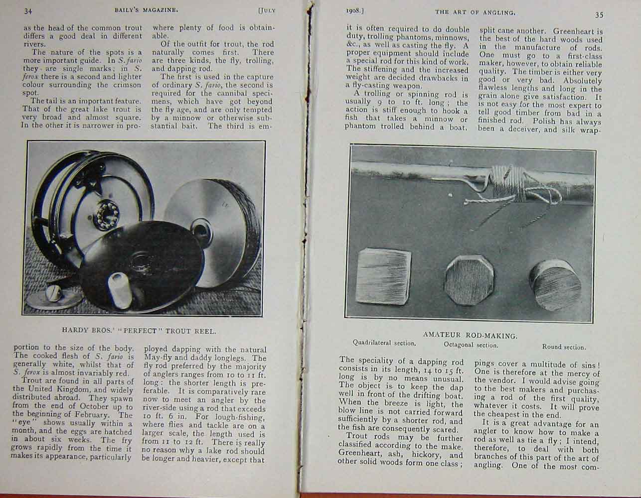 Old Antique Print 1908 Angling Fishing Trout Reel Rod-Making Knot Sport 20th