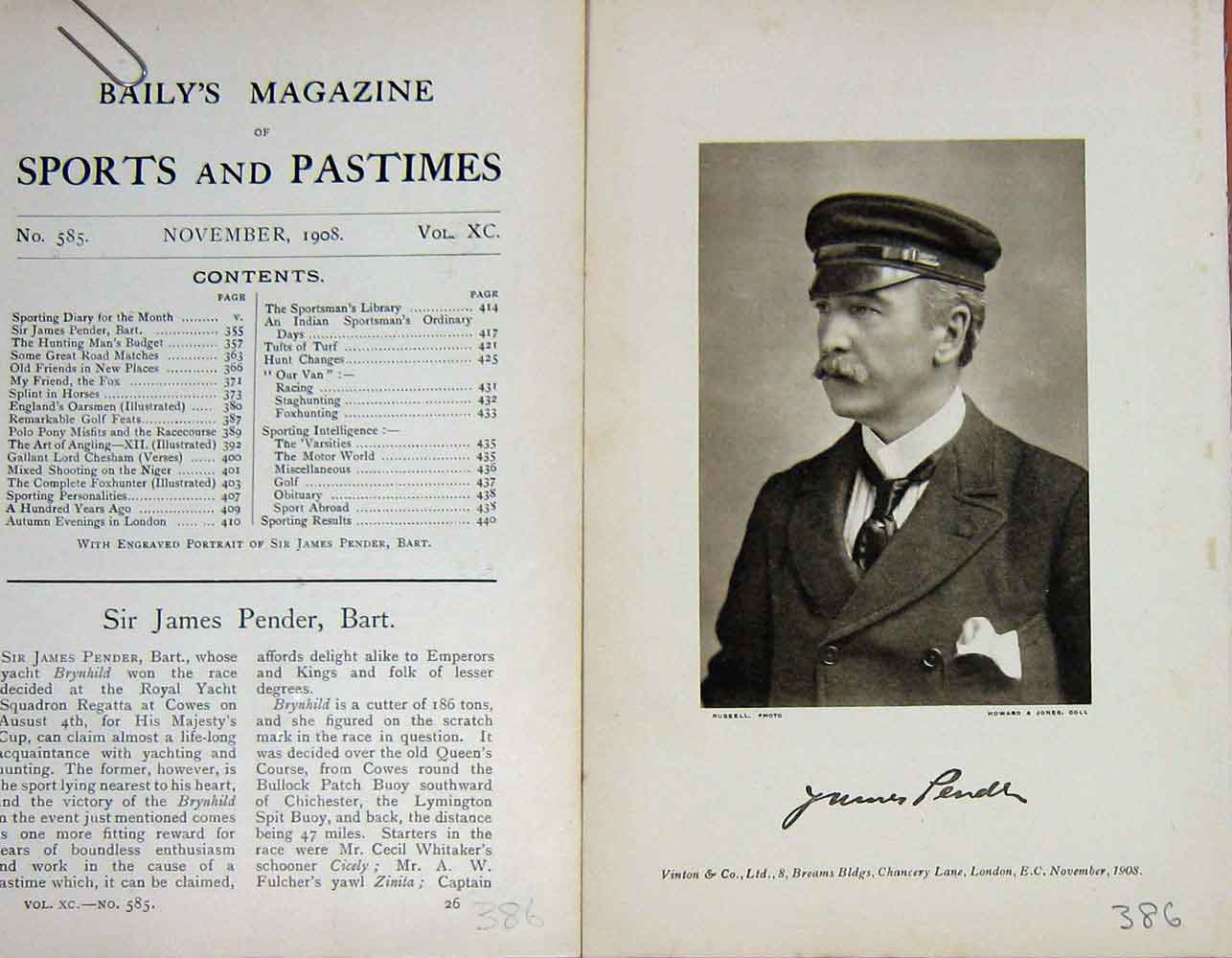 Original Old Antique Print 1908 Portrait Sir James Pender Bart Yachtsman 20th